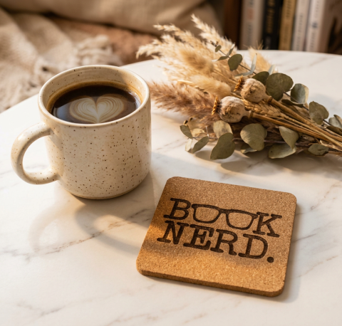 Book Nerd Engraved Square Cork Coaster